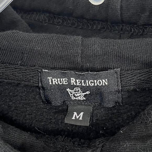 True Religion Pullover Hoodie Sweatshirt Men's M Embroidered TR Box Logo Black - Picture 6 of 9